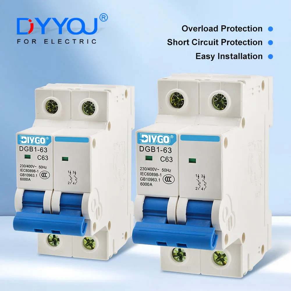 

2P DGB1-63 Миниатюрный автоматический выключатель переменного тока MCB типа C 230/400 В ~ 50 Гц/60 Гц Защита от перегрузки 6A 10A 16A 20A 25A 32A 40A 50A 63A