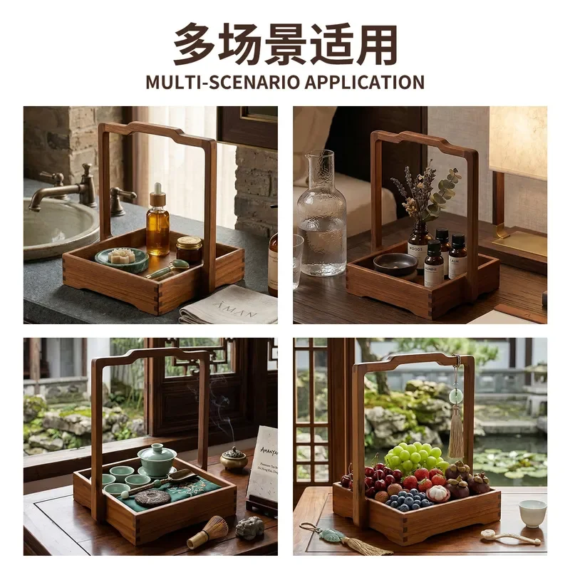North American Black Walnut Wooden Tea Set Storage Box Creative Portable Basket for Fruit Snacks Food Container Home Decor