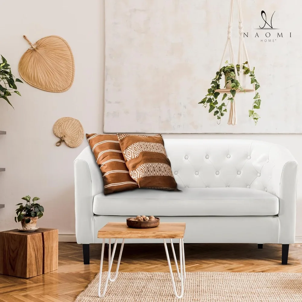 مقعد إيما لوف، مقعد أسطواني من الجلد الصناعي معنقدة بأزرار، أريكة حديثة في منتصف القرن بمقعدين، مقعد صغير للمساحة الصغيرة