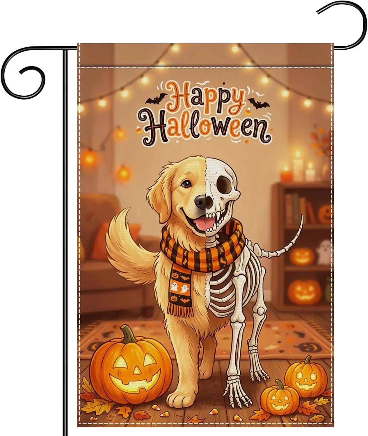 Funny Golden Retriever Skeleton Garden Flag 12x18 Inches | Double sided polyester, spooky dog costume design, halloween yard llp