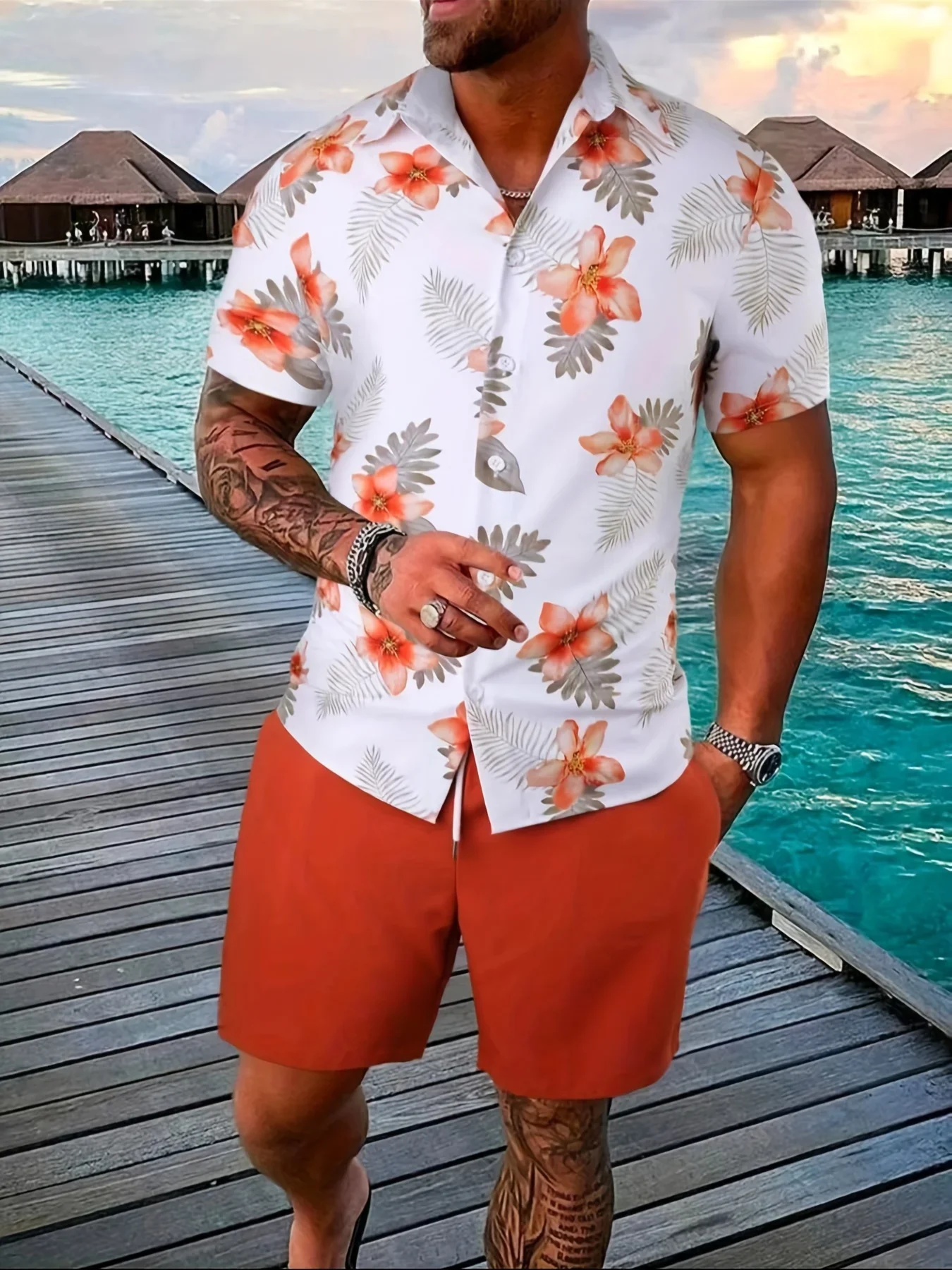 New Men's Spring and Fall Two-Piece Beach-Style Short-Sleeved Lapel Print T-Shirt Shorts Drawstring Casual Business Tracksuit