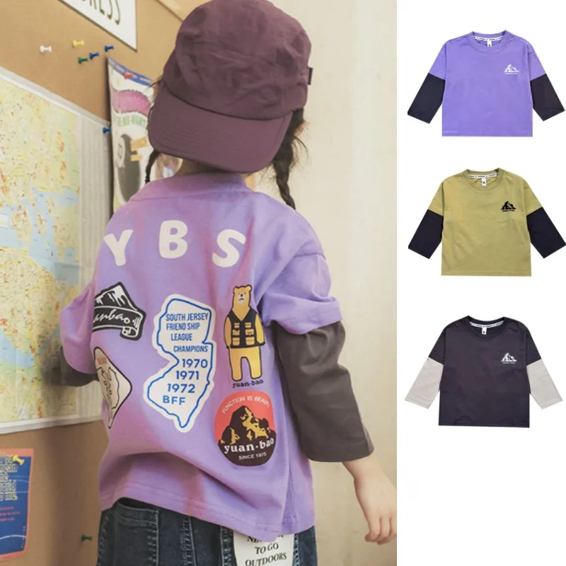 تي شيرت للأطفال بأكمام طويلة لخريف 2025 جديد باللون الأرجواني ملابس رياضية عصرية للفتيات من القطن الخالص قميص قاعدة للأطفال