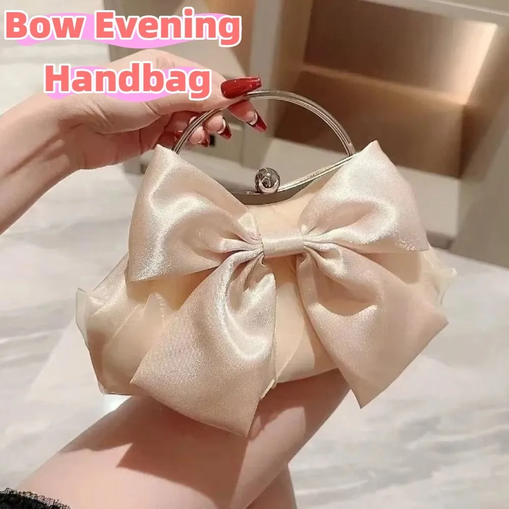 

Elegant Bridal Clutch Bag Metal Handle White/Gold Bow Evening Handbag Chain Shoulder Strap Satin Bow Wedding Purse Banquet