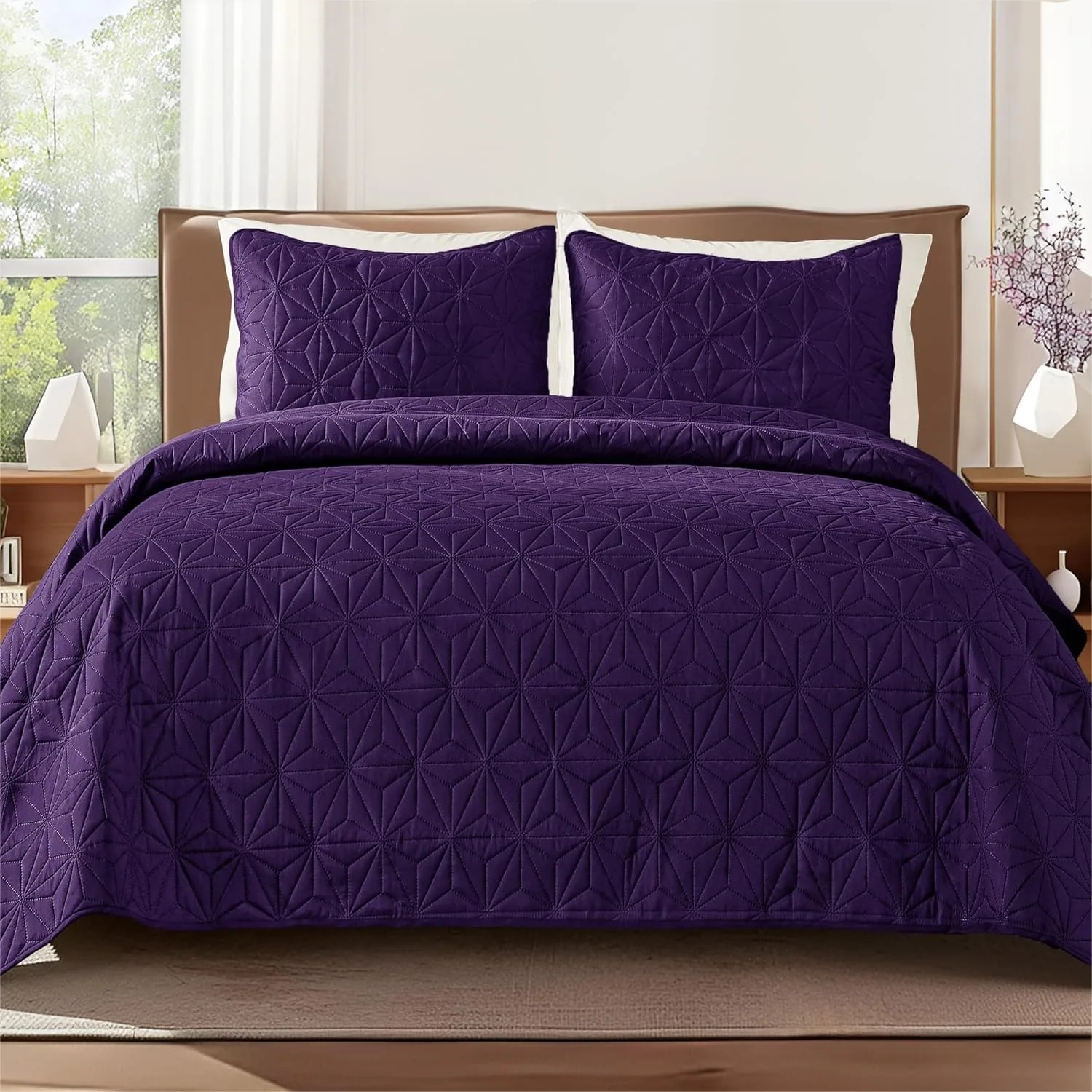 

Queen Quilt Bedding Set, Soft Purple Bedspread for All Seasons, 3 Pieces Lightweight Geometric Star Pattern Coverlet