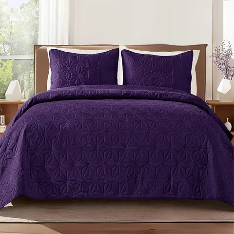 Queen Quilt Bedding Set, Soft Purple Bedspread for All Seasons, 3 Pieces Lightweight Geometric Star Pattern Coverlet