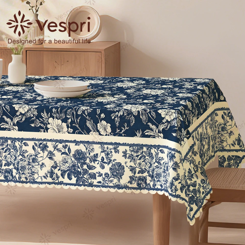 Vespri Spring Floral Easter Tablecloth Navy Blue White Flowers Leaves Round Rectangle Oval Polyester for Parties