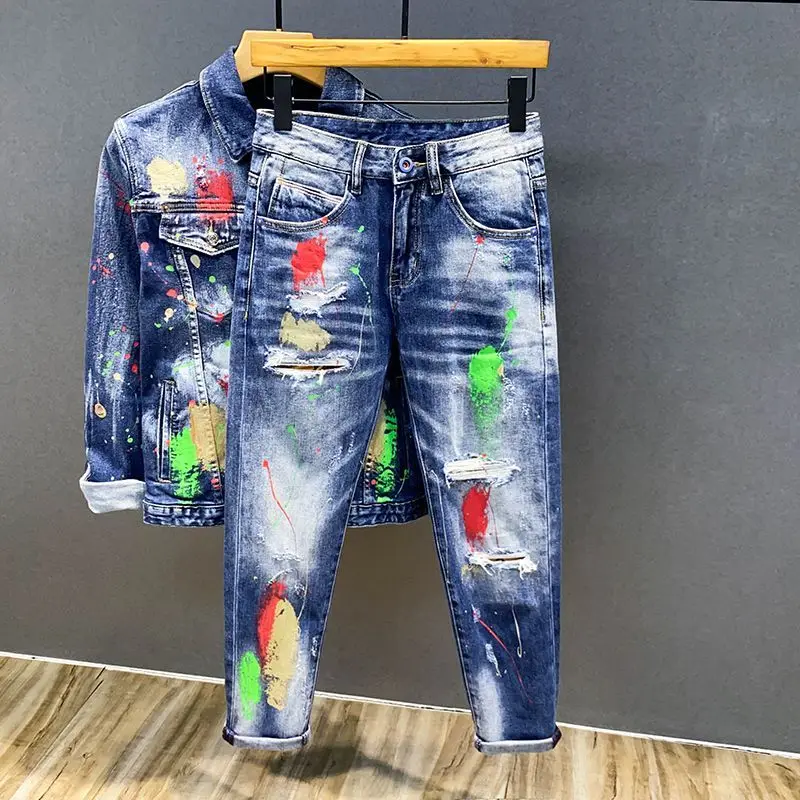 Luxury Brand 2025 Printing Graffiti Jeans Men's Fashion Ripped Spray Paint Pants Ruffian Handsome Punk Streetwears Pants Man