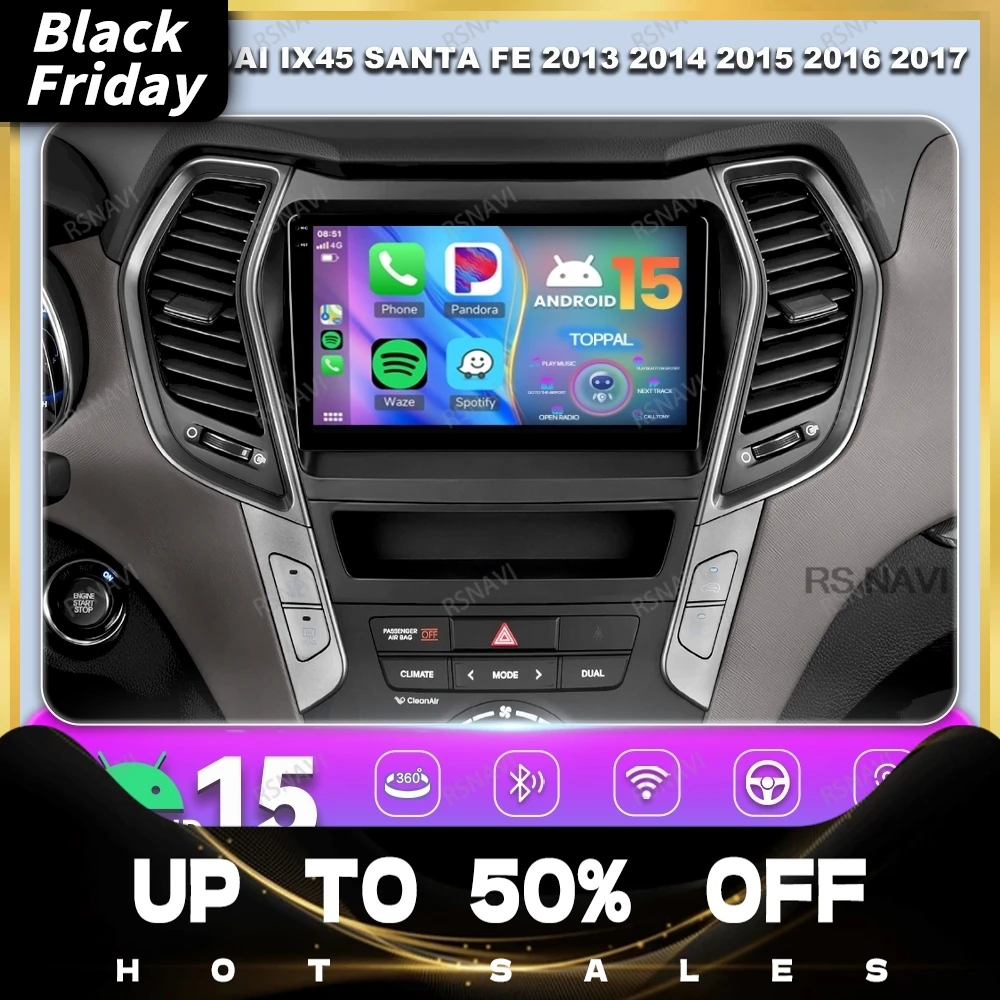 Android 15 Car Radio For Hyundai Ix45 Santa Fe 2013 2014 2015 2016 2017 Multimedia Navigation Wireless Carplay Auto BT DVD QLED