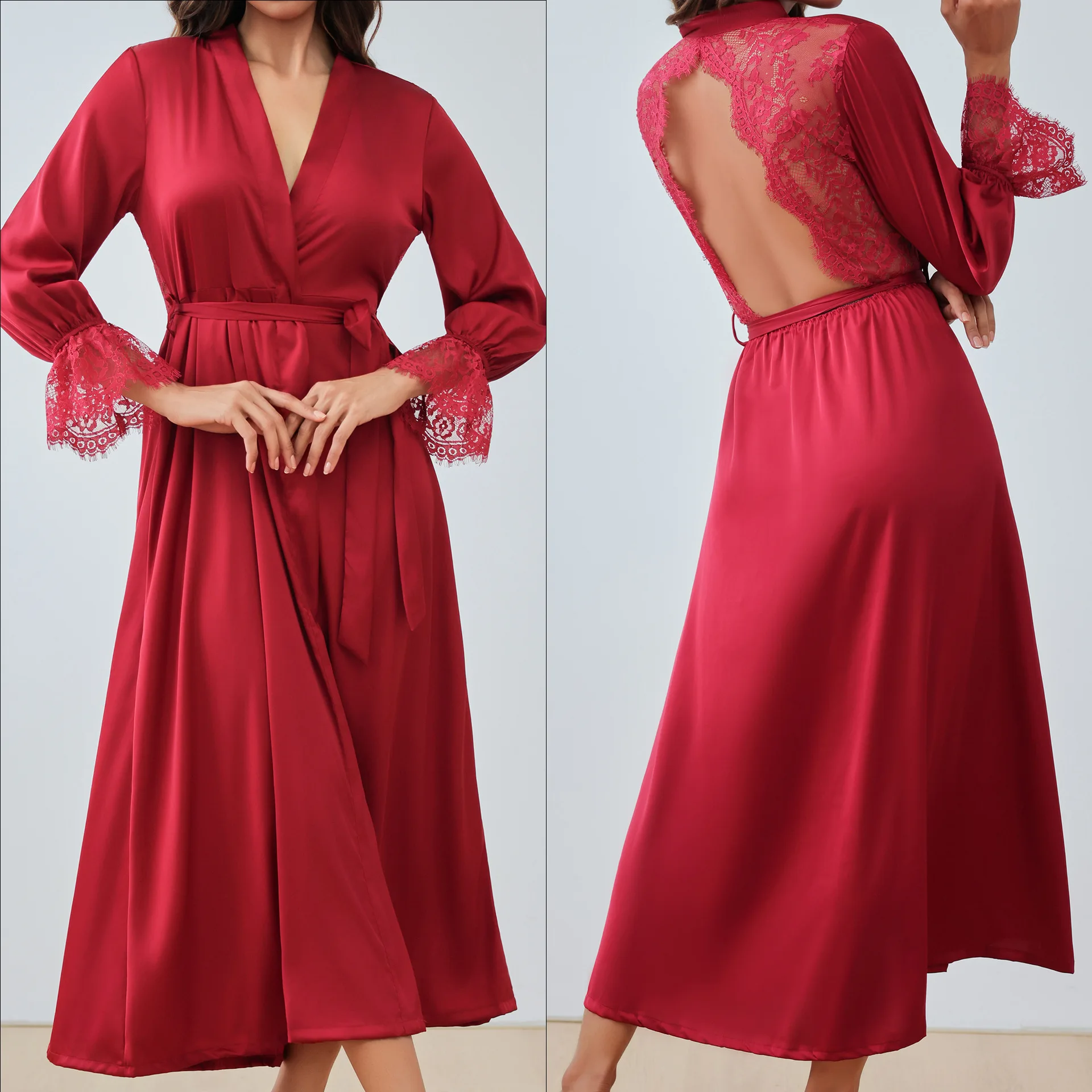 Satin-Chiffon Pyjama für Damen, Sommer-Dünnes Nachthemd mit Spitzenbesatz, Elegantes Rückenfreies Langes Nachthemd