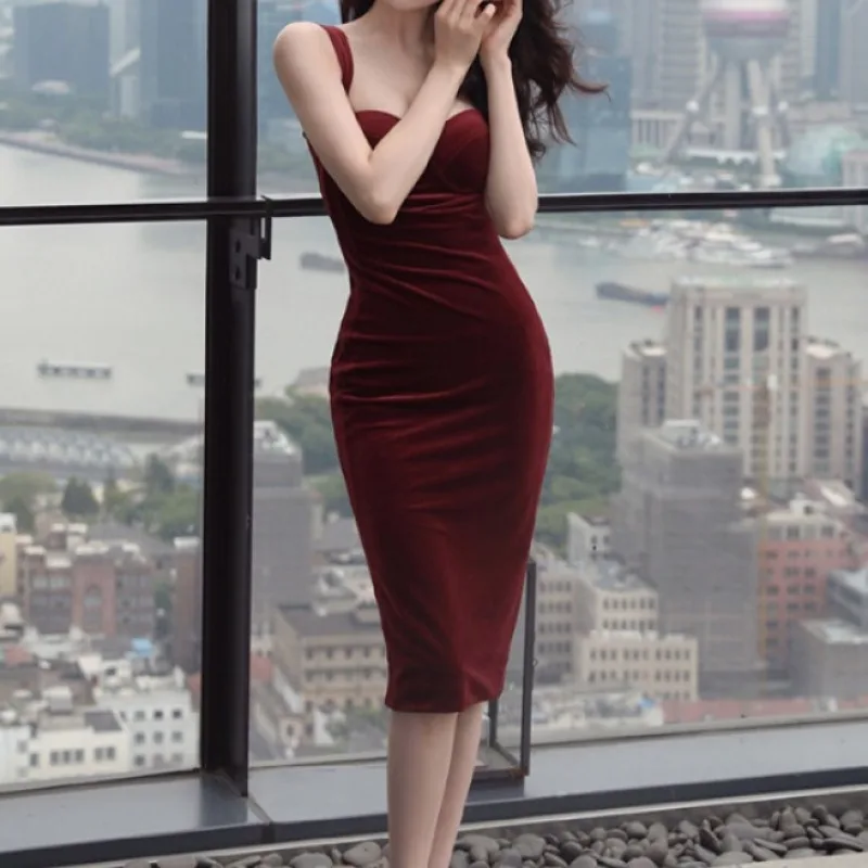 Lady Dresses Velvet Temperament Slip Dress, with Chest Pad, Women\'s Slim and Thin, Inner Layer, Bottom, Hip Wrapping, Midi Skirt