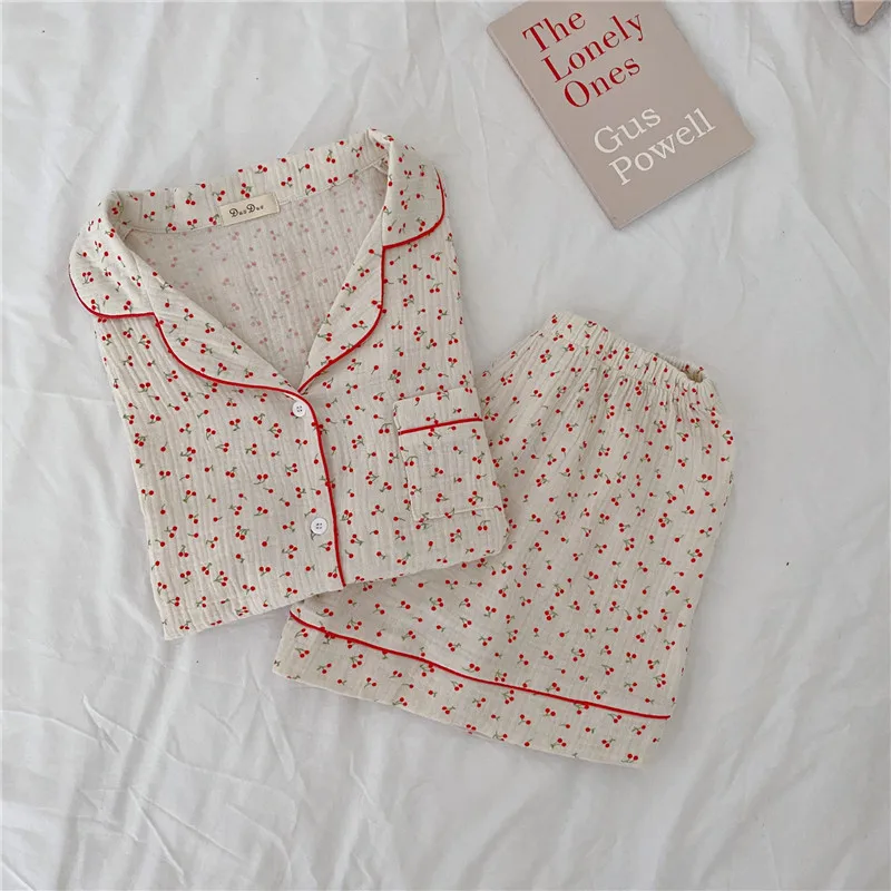Cherry Print Summer Pajamas Set Cotton Sweet Two Piece Home Suit Kawaii Ins Sleepwear Casual Home Suit Shirts + Shorts