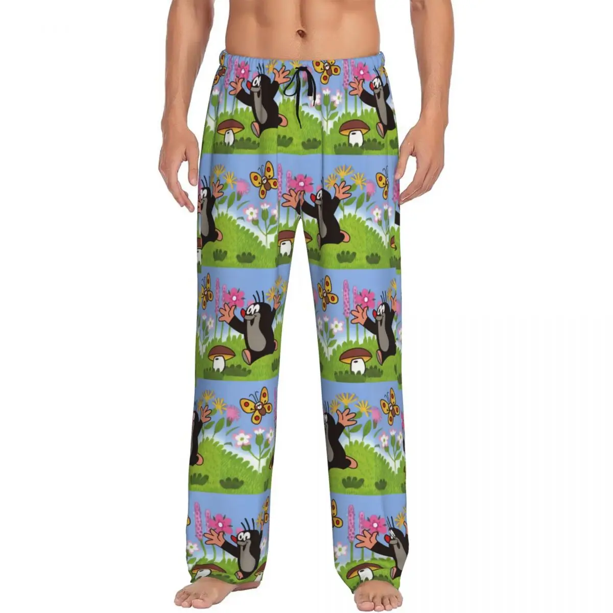 

Custom The Little Mole Pajama Pants Sleepwear for Men Elastic Waistband Krtek Cartoon Sleep Lounge Bottoms with Pockets