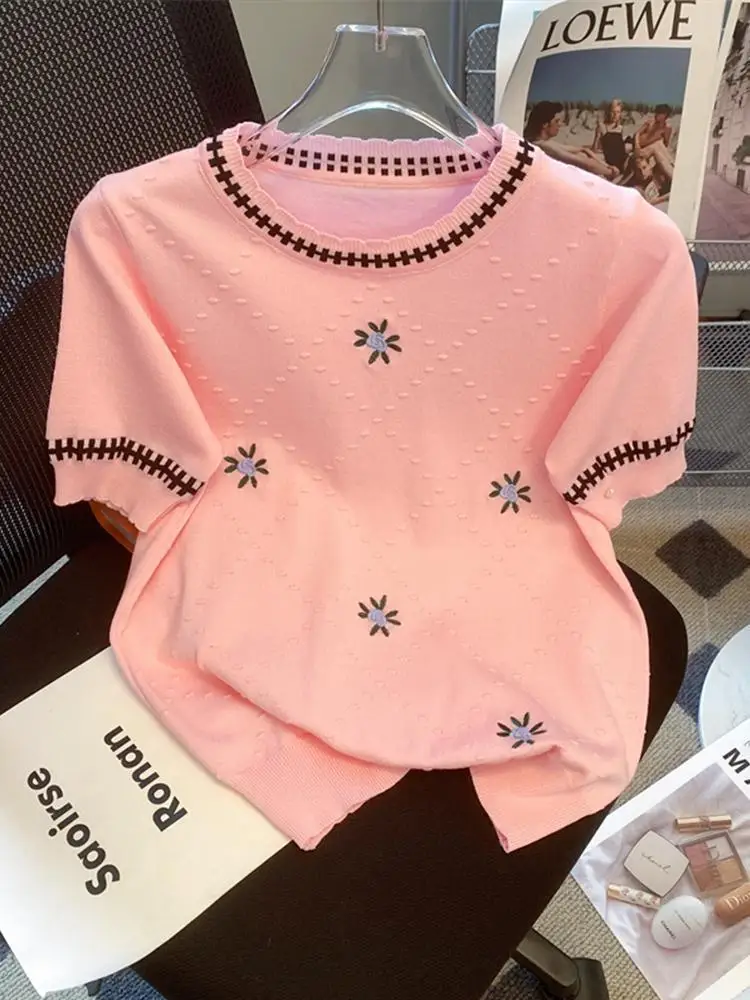 Luxury Floral Embroidery Knit Sweater Women Summer Short Sleeve Tops Design Knitted T-shirts Office Lady's Tees White Pink Shirt 2