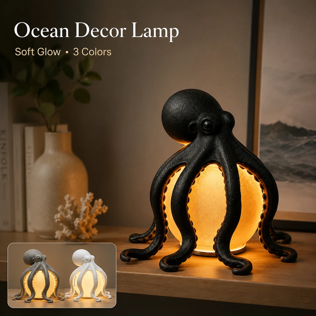 Octopus Resin Table Light Ocean Decor Sculpture USB Powered Warm Ambient Lamp for Halloween Party Desk Home Decoration Gift