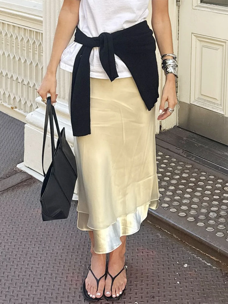 Trendix Gold Satin Midi Skirt For Women Street High Waist Patchwork Mesh Long Skirt Femme 2025 Winter Party Club Sexy Slim Skirt