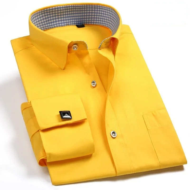 

Quality Gentle Formal Mens French Cuff Dress Shirt Men Long Sleeve Solid Striped Style Men's Shirts Cufflink Include Plus Size