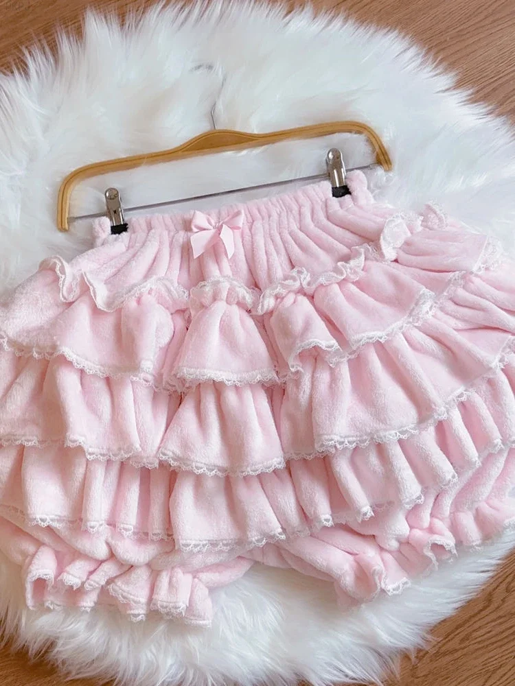 Elastic Pink Japanese Kawaii Lolita Skirt Women Wool Warm Winter Korea Cake Skirt 2024 Bow Princess Cute Party Mini Skirt Shorts