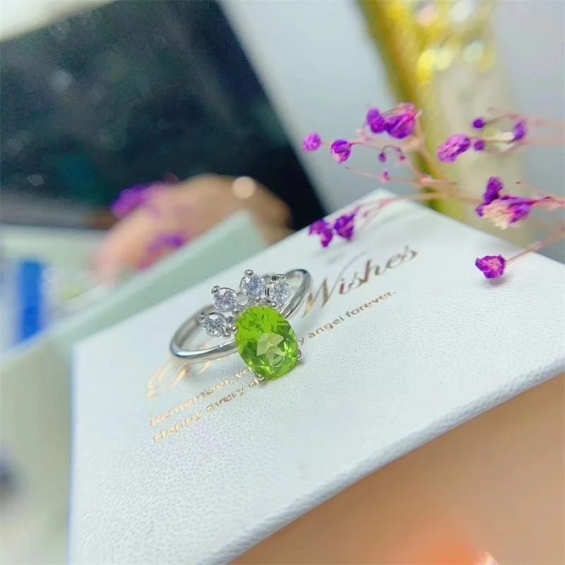 Adjutable Size Trouwring Voor Vrouwen Real S925 Orinigal Sterling Zilver Natuurlijke Echte Peridot Met Certificaat 8X6Mm