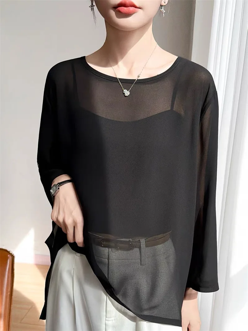 Blusa de chiffon plus size feminina, manga longa, soltinha, transparente, elegante, camisa de primavera, roupa feminina.