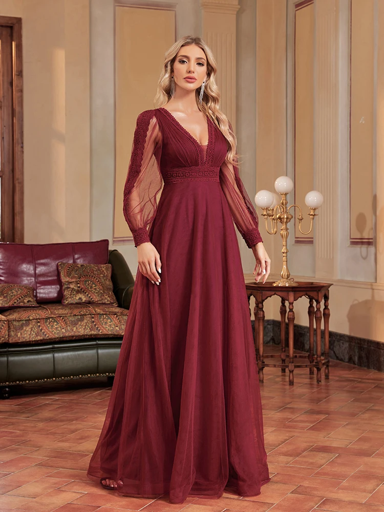 XUIBOL eleganti abiti da sera donna scollo a v Maxi lungo Chiffon manica lunga Tulle abito lungo fino al pavimento 2023 abito da ballo da damigella d'onore