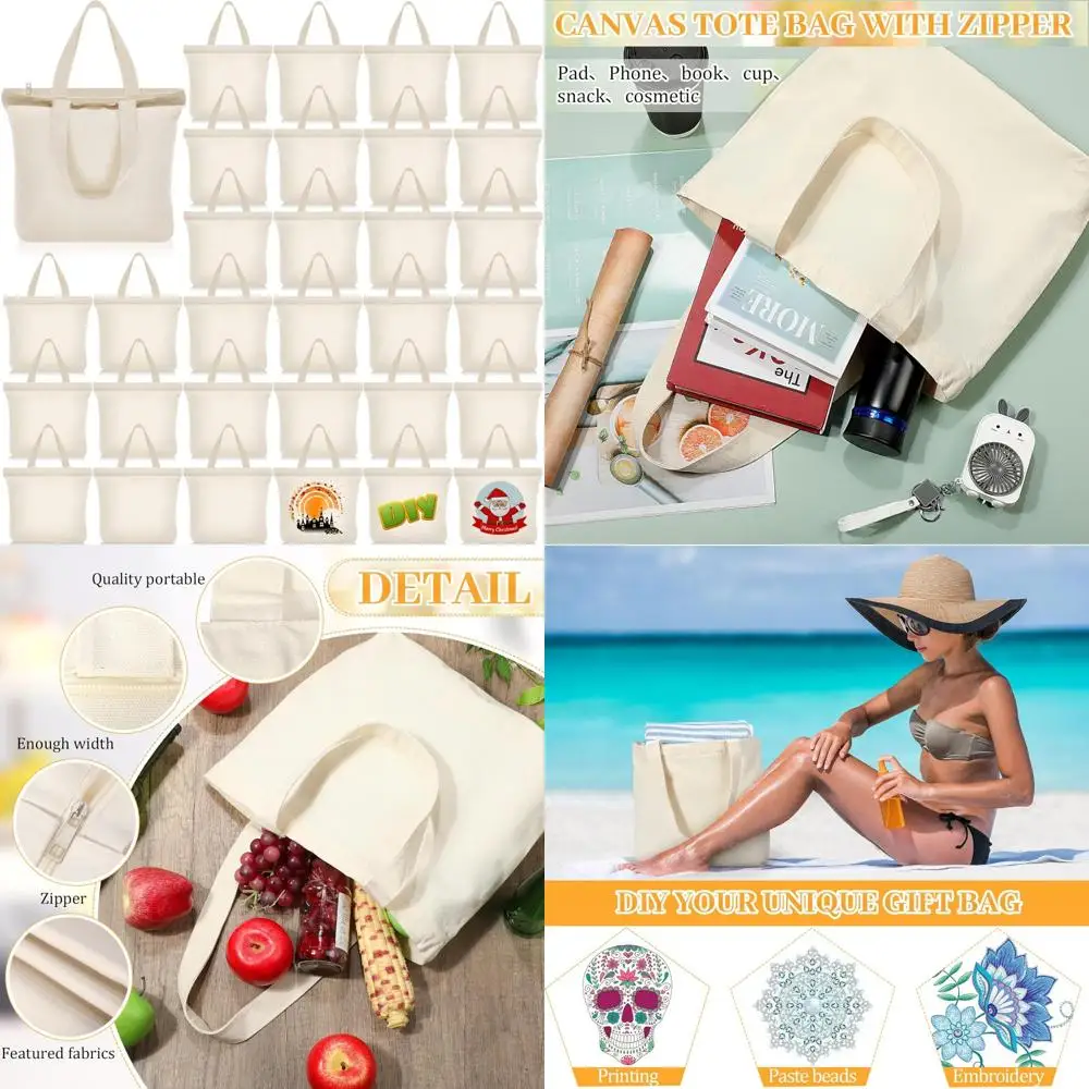 

Silkfly 30 Pcs Canvas Tote Bags Bulk 16.5x13.4'' Blank Cotton Canvas Bag with Zipper Handles Reusable Plain Grocery Makeup Handb