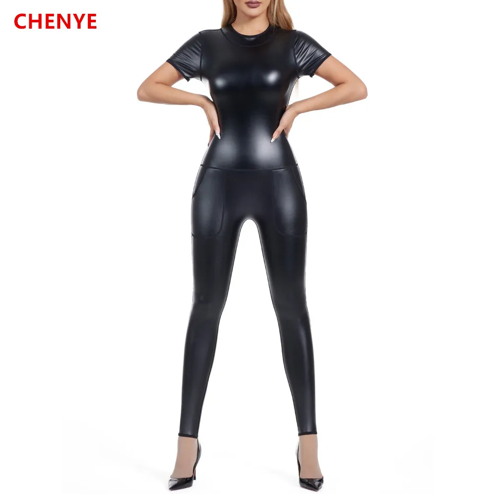 

Body Shaper Metallic Back Zip Short Sleeve Bodysuits Women Waist Trainer Corsets Tight leggings Tank Tops Jumpsuits with Pockets