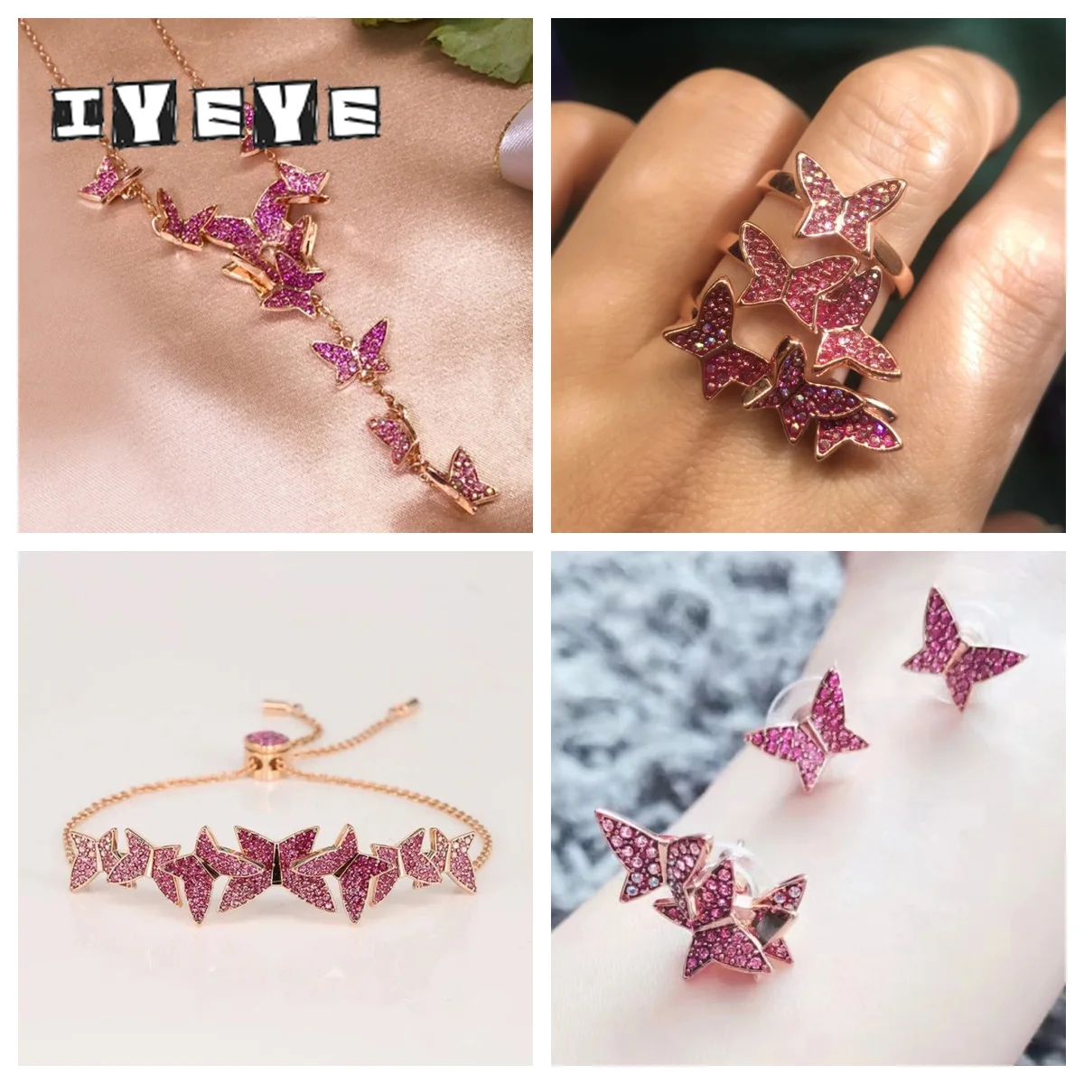 

Original 2024 New Trend Fine Jewelry Set Charm Pink Butterfly Crystal Fashion Necklace Bracelet Earrings for Women's Party Gifts