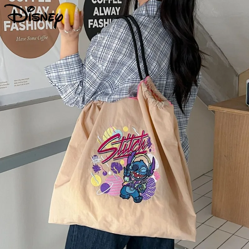 Disney Stitch & Angel Nylon Single Shoulder Tote Bag, Large Capacity Handbag, Embroidered Flower Crossbody Shopping Bag