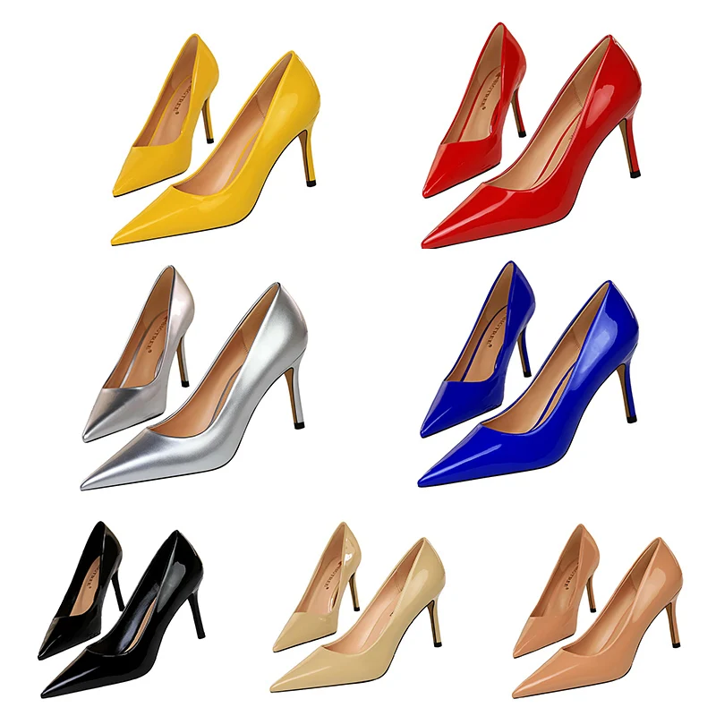 Women Classic Leather Kitten Low Heels Blue Yellow Work Shoes Lady Daily 8.5cm High Heels Wedding Bridal Fetish Glossy Pumps