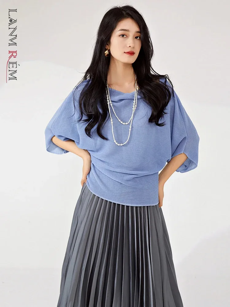 

LANMREM Pleated Slash Neck T-shirt For Women Batwing Sleeve Solid Color Loose Fashion Tops 2024 Summer New Clothing 2Z1466