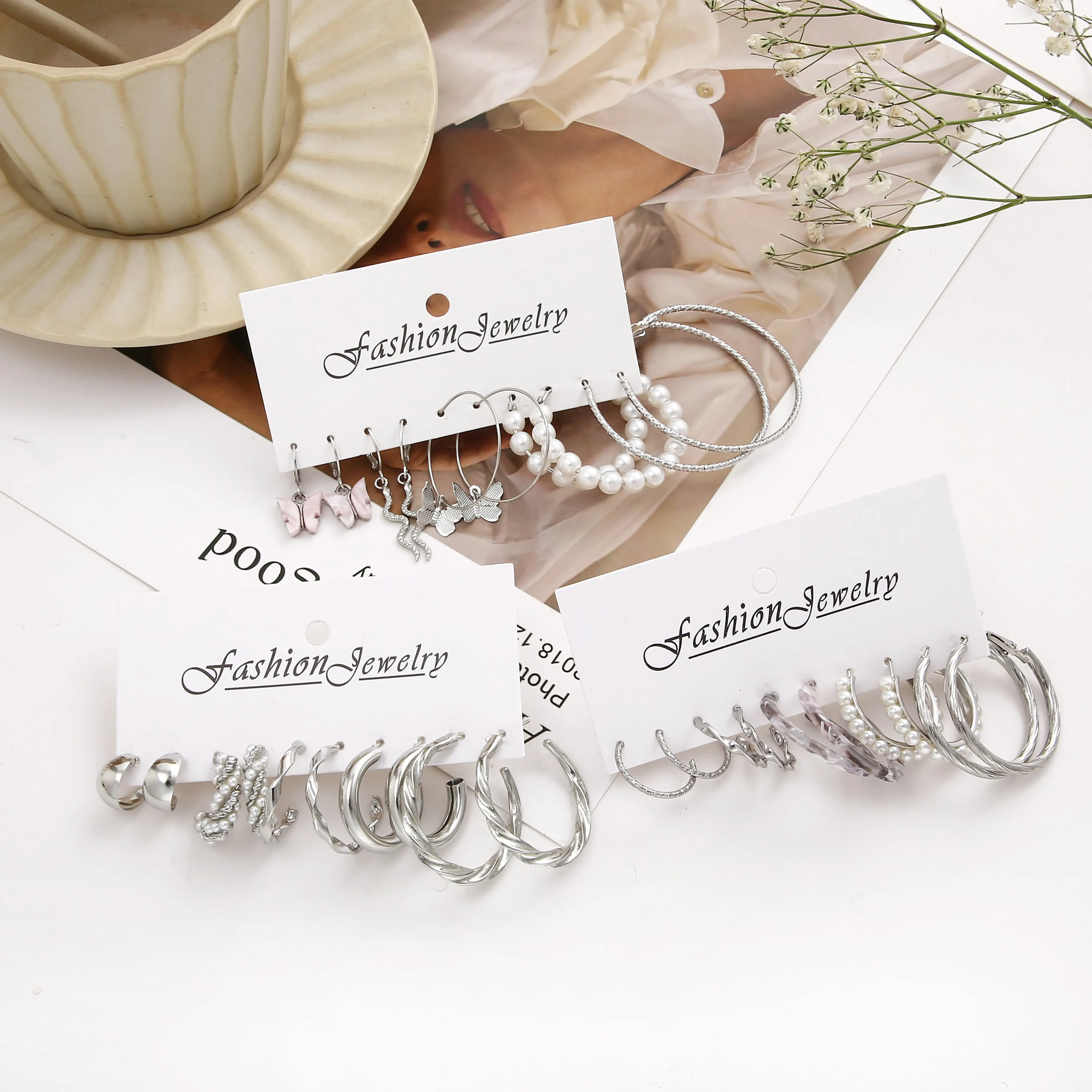 15Pairs Suit Of EarringsNew Style Creative Simple Temperament Lady Fake-pearl Butterfly Snake Fake-pearl Earring Silver-color image 4