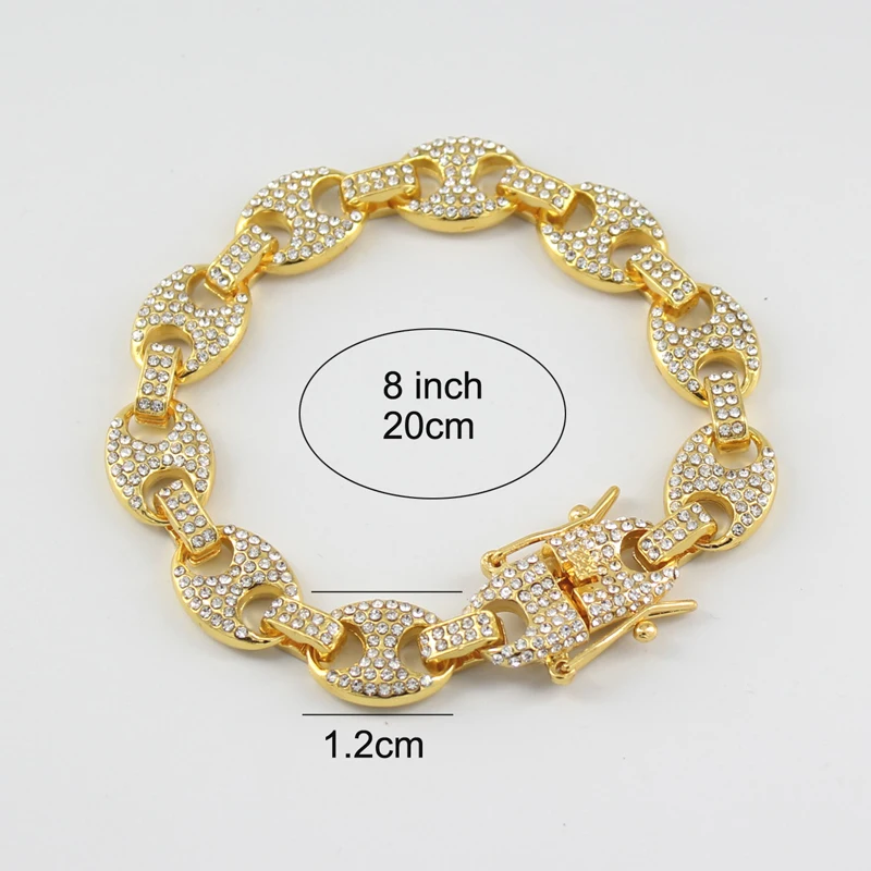 HipHop Men Women 12mm Coffee Bean Cuban Link Chain Bracelet Bling Iced Out Rhinestone Paved Miami Cuban Chain Jewelry