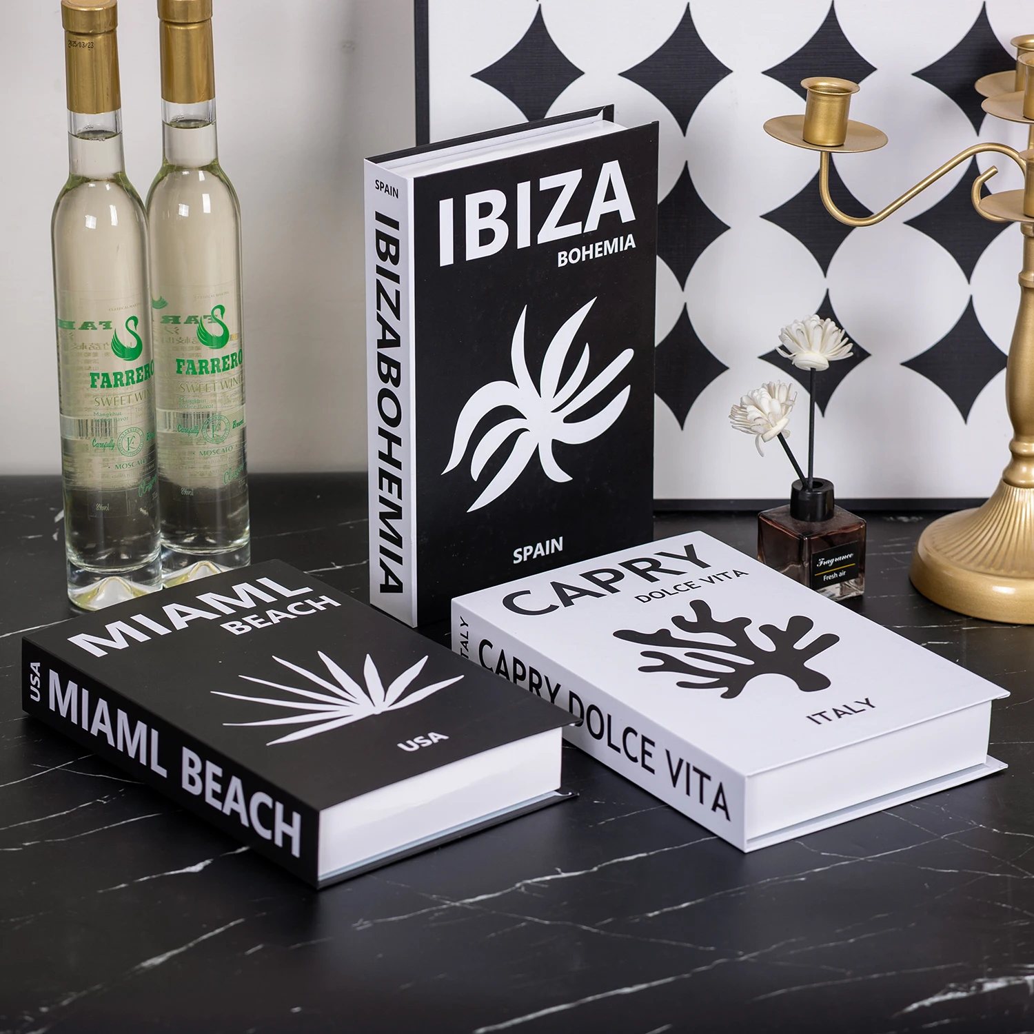 Serie de viajes, decoración de libros falsos, decoración de mesa de centro, sala de estar, libros de utilería de moda, decoración del hogar, modelo de habitación IBIZA CAPRI