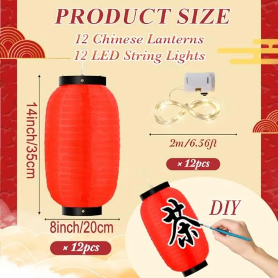 24 Pcs Traditional Japanese Style Red Silk Hanging Lantern Set Including Paper Lanterns Japanese Decorations and Lights for Chi