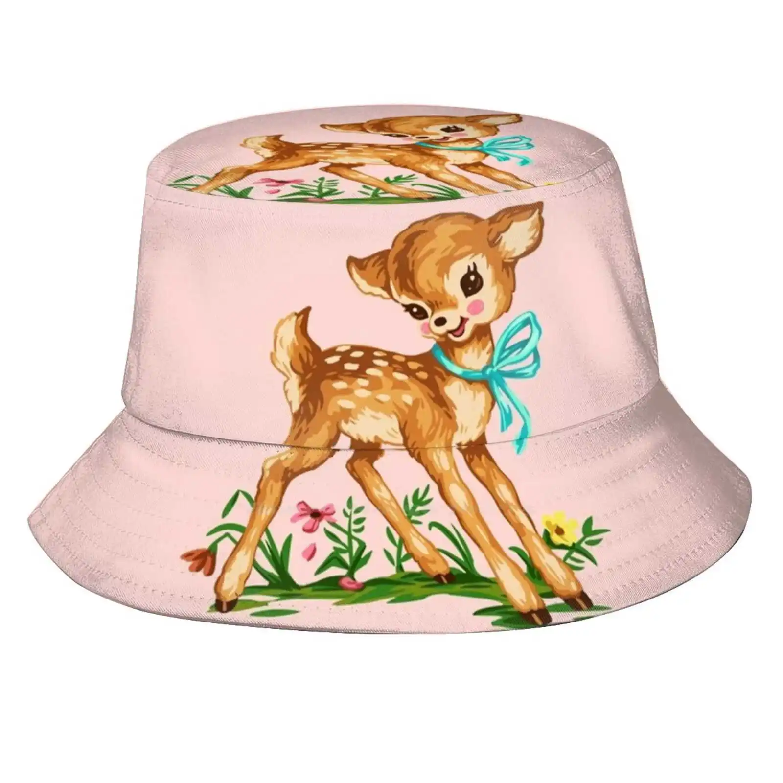 Cute Fawn Flat Top Breathable Bucket Hats Vintage Retro Antique Distressed Kawaii Baby Animal Sassy 50s Flowers Floral Fawn