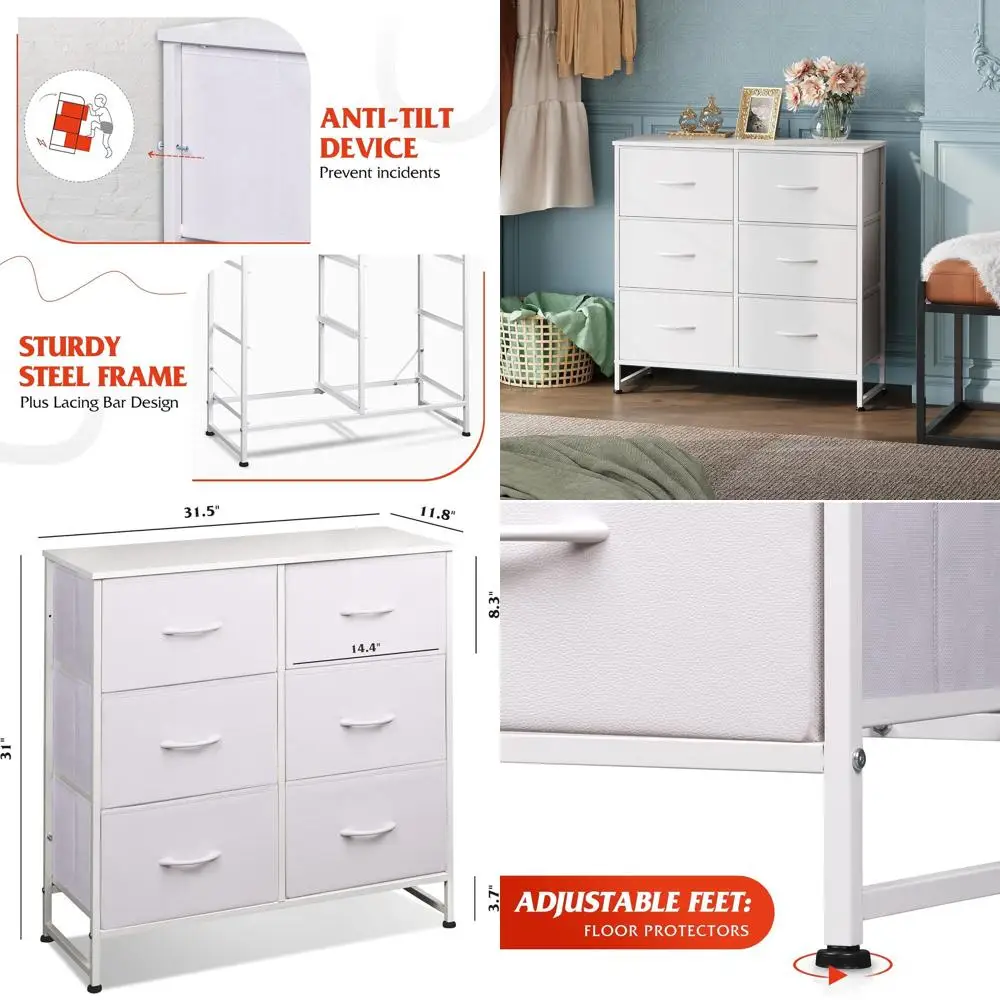 

White Dresser or Bedroom Furniture, 6 Drawer Double Dresser, Fabric Storage Tower with Fabric Bins, Chest of Drawers or Wardrobe