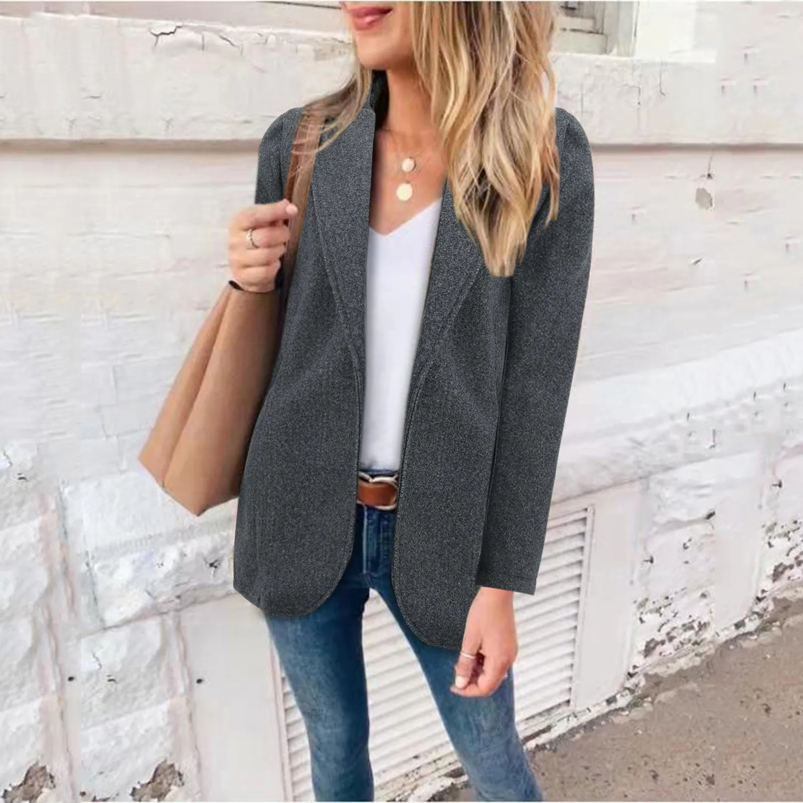 

Women Autumn Winter Sweaters Cardigan Slim Mid-length Coat Jacket Open Front Faux Wool Blend Stand Collar Long Sleeve Outwear