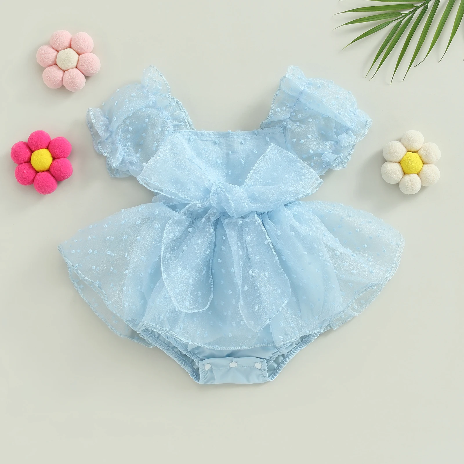 Baby Girls  Romper Short Puff Sleeve Polka Dot Mesh Lace Tutu Jumpsuits With Bowknot