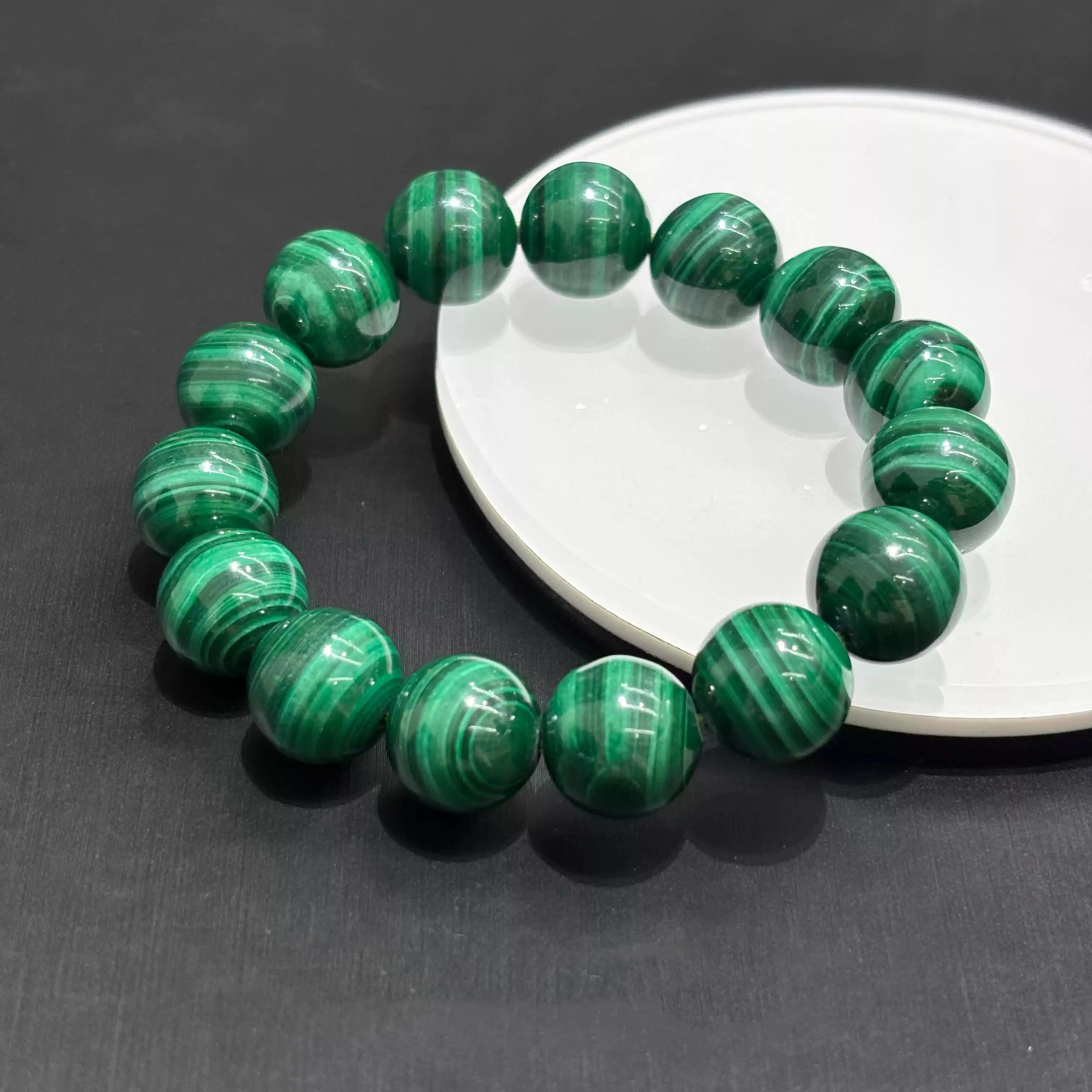 

Natural Malachite Round Bead Stretch Bracelet, Banded Green Stripes with High Polish Finish for Women Adults，Trendy Accessory