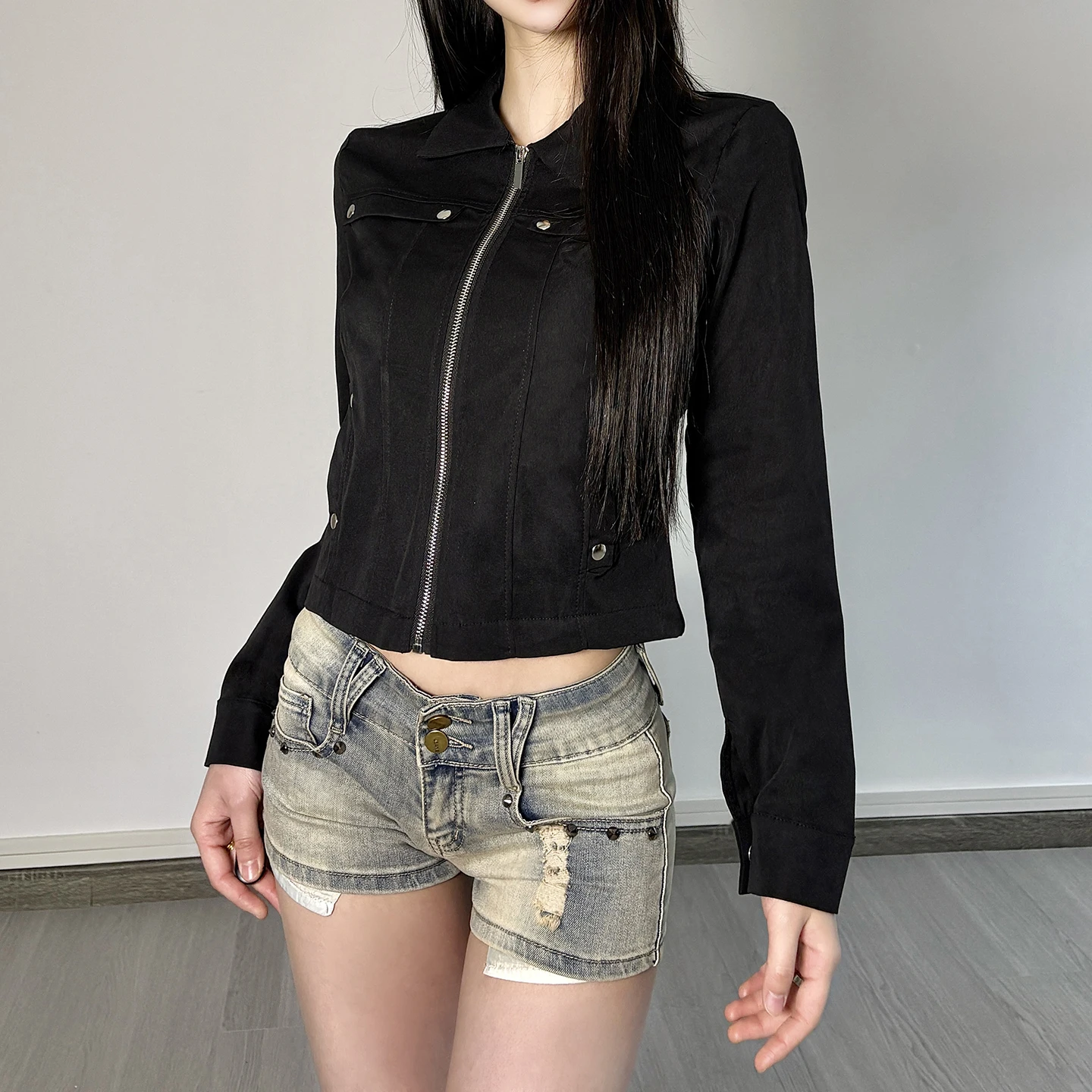 

Slim-Fitting Pockets Jackets Safari Style Zipper Long Sleeve Turn-Down Collar Coats Women 2025 Autumn Winter Streetwear Ladies