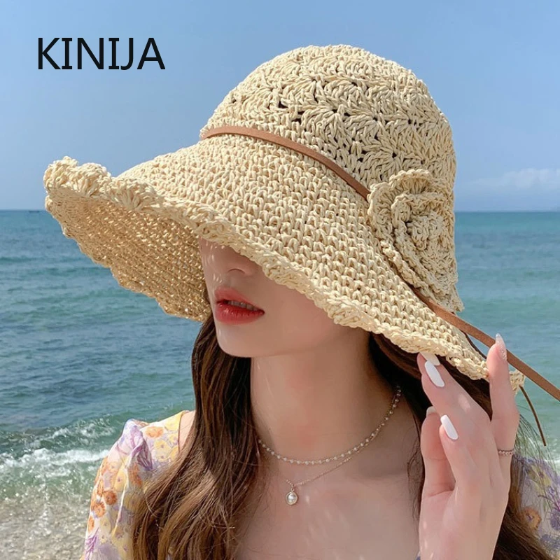 Damen Sommer Strand Strohhut faltbar Sonnenschutz breite Krempe Sonnenhut Schleife Blumen Band Panama Outdoor weiche Kopfbedeckung