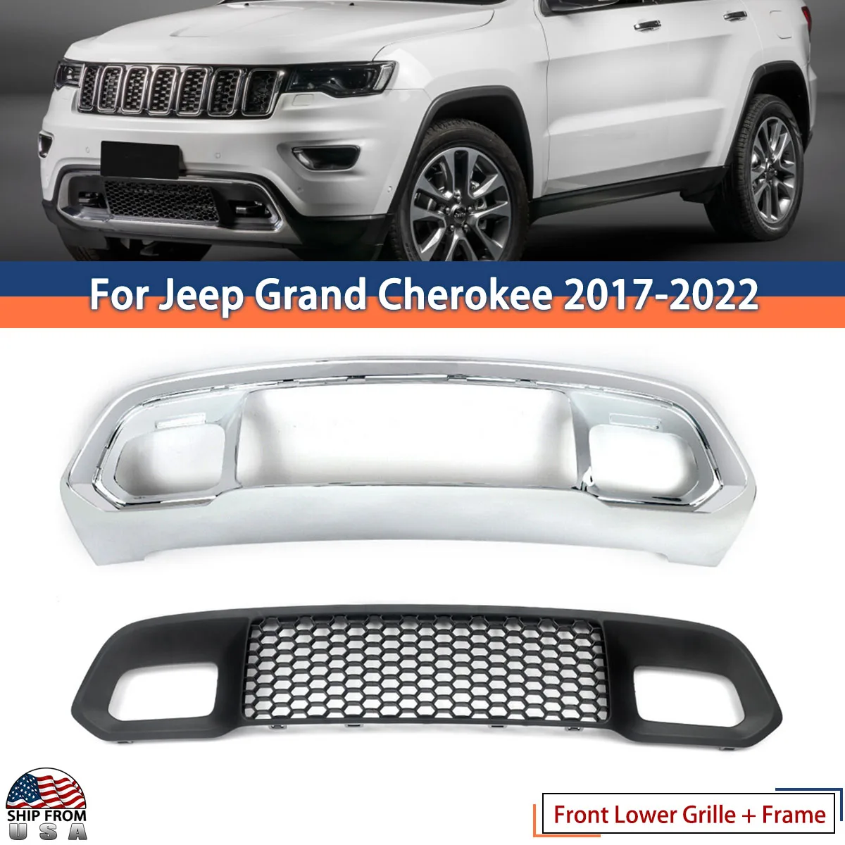 For Jeep Grand Cherokee 2017 2018 2019 2020 Front Bumper Lower Grille Centre Grill Mesh & Bezel Chrome 68310773AB, 5ZM53SZ0AA