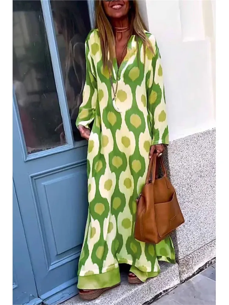 2024 Autumn Causal V NeckWomen Geometric  Maxi Dress  Long Sleeve Dresses Female Holiday Beach Boho Dress