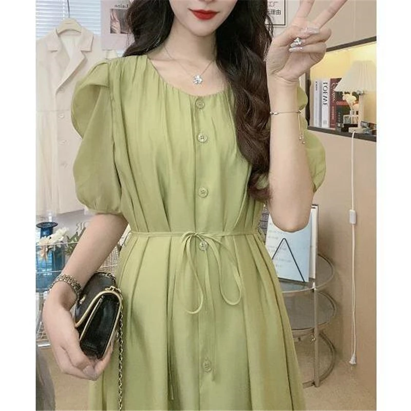 Elegant Ruffle Lace Up Single Breasted Shirt Dresses for Women 2023 Summer Trendy Y2K Sweet Chic Short Sleeve Midi Dress Vestido