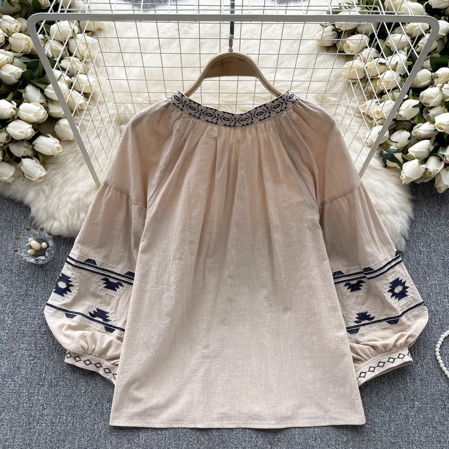 Vintage Elegant Embroidery Long Sleeve Blouse Fashion O-neck  Shirt  Casual Chic Top Fairy  Summer Women