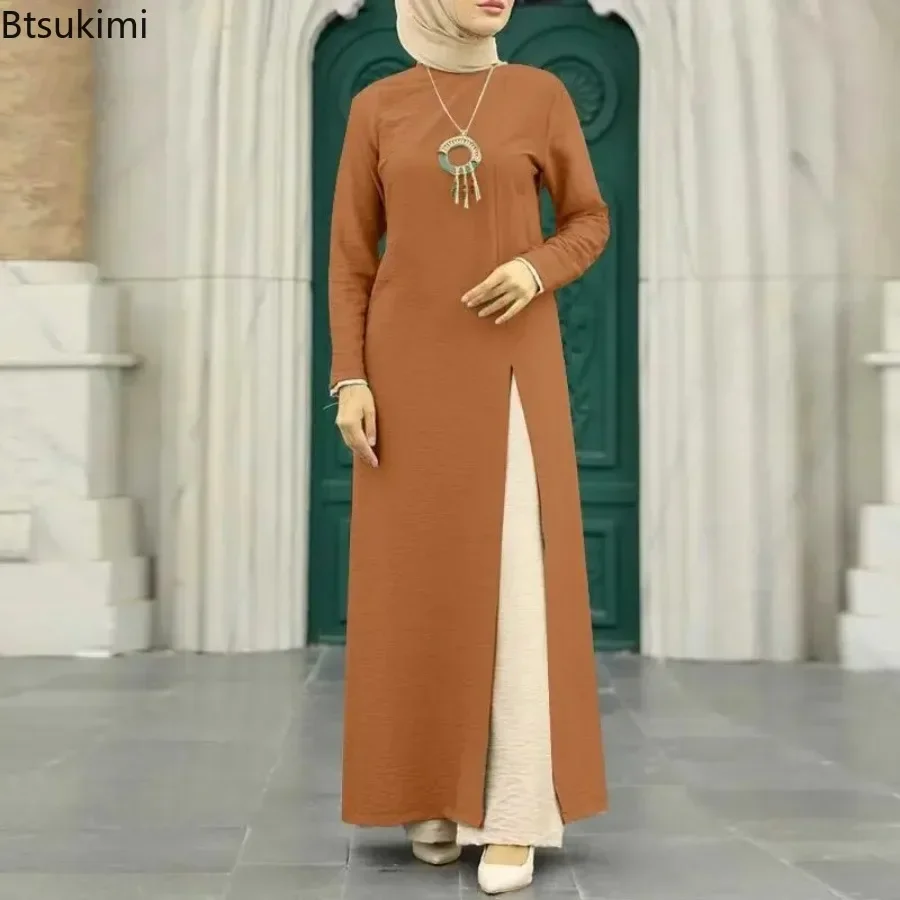 

2025 Muslim Fashion Shirt Dress for Women High Slit Hem Solid Elegant Dress Casual Tops Dubai Turkey Abaya Robe Islamic Clothing