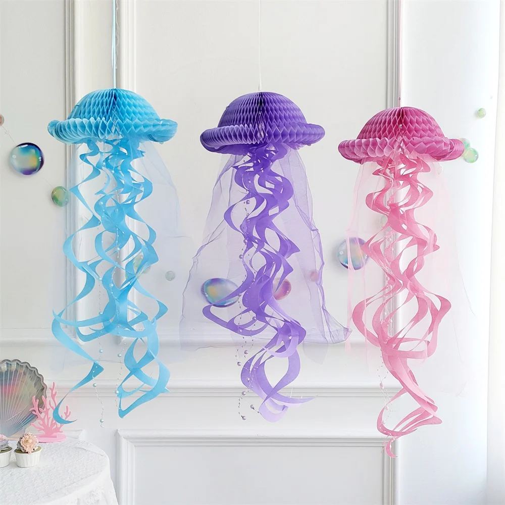 Purple Pink Jellyfish Honeycomb Ornament Blue Film Honeycomb Spiral Pendant Under The Sea Little Mermaid Marine Theme Decoration