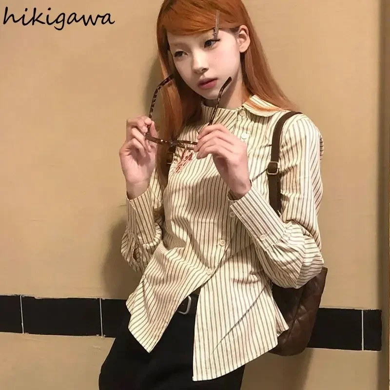 Blusas Mujer De Moda Striped Y2k Tops Tunic Shirts Blouse Women Clothing O-neck Slim Shirt Fashion Embroidery Vintage Tops