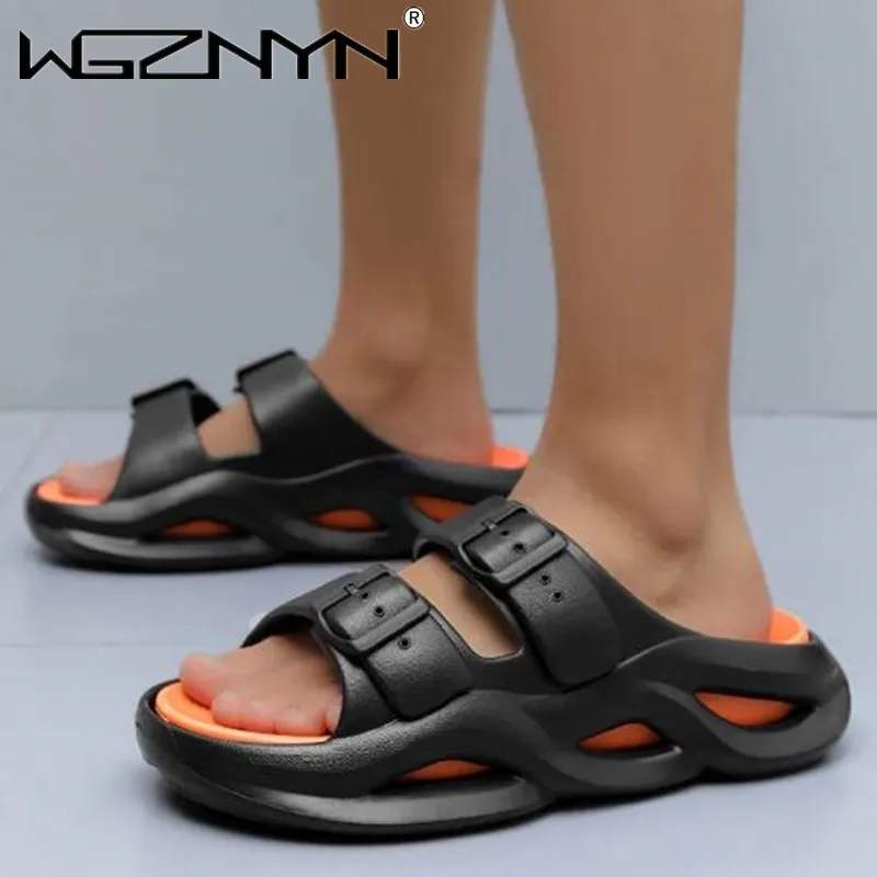 2024 Summer New Double Buckle Step on Feeling Thick Bottom Double Men's Flip-flops Soft Sole Elastic Non-slip Beach Slippers