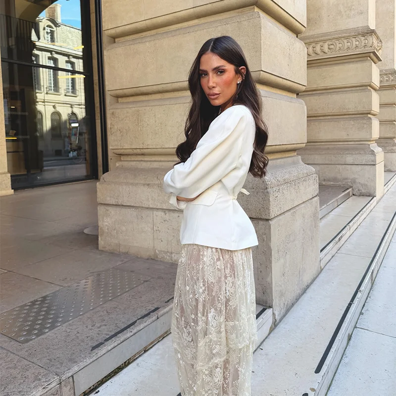 Modische Transparente Bedruckte Damenhose Strand-Spitzen-Patchwork Plissierte Schnürhose für Damen 2026 Sommer Herbst Damen-Unterteil Neu – Detail 7